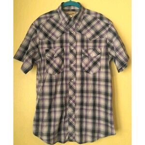 Men's Wrangler Western Shirt M Purple Plaids S/S Cot/Poly Pearl Snaps Rodeo